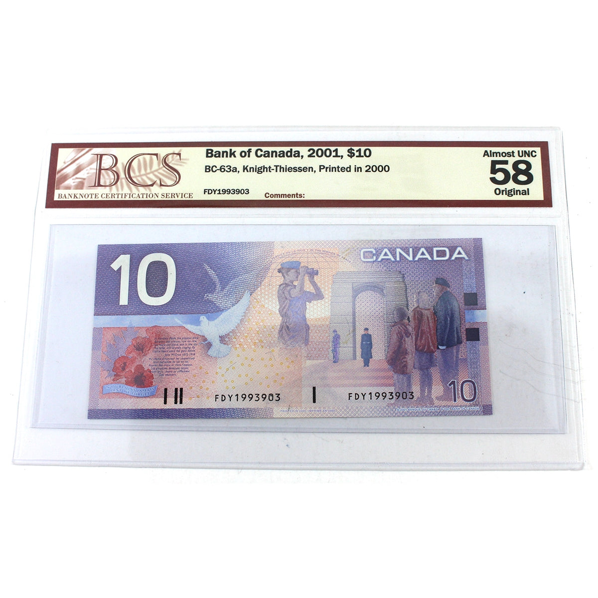 BC-63a 2001 Canada $10 Knight-Thiessen Printed 2000, FDY, BCS Certified AU58 Original