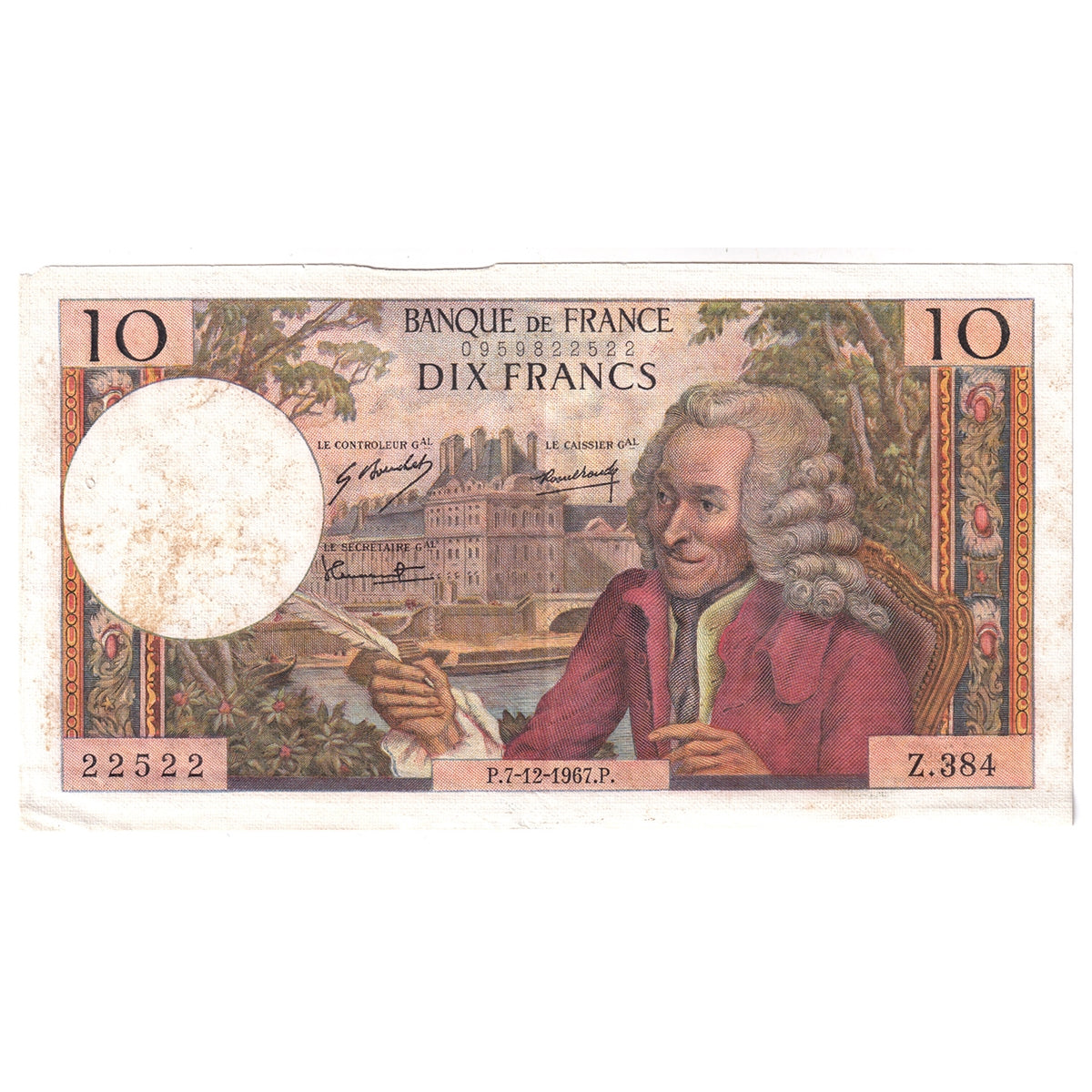 France Note, 1967 10 Francs, Pick #147c, EF (Tears)