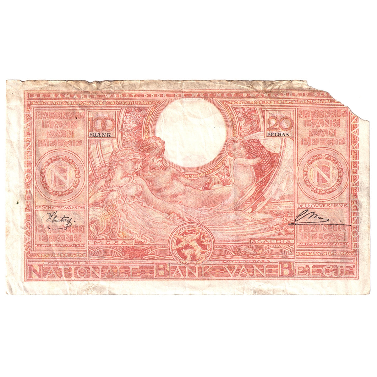 Belgium Note 1944 100 Francs, EF (damaged - missing corner)