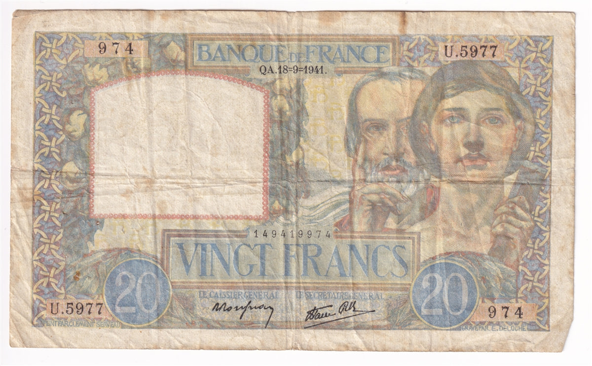 France Note, 1941 20 Francs, Fine (F12) Holes