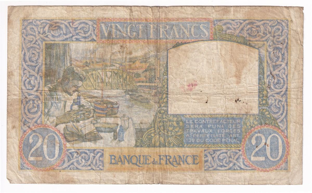 France Note 1939 20 Francs, VG-F (Damaged)