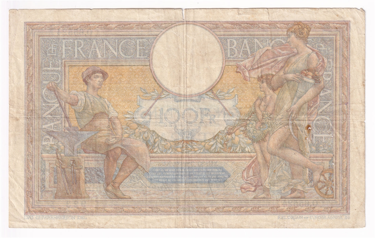France Note 1939 100 Francs, F-VF (dam'g)