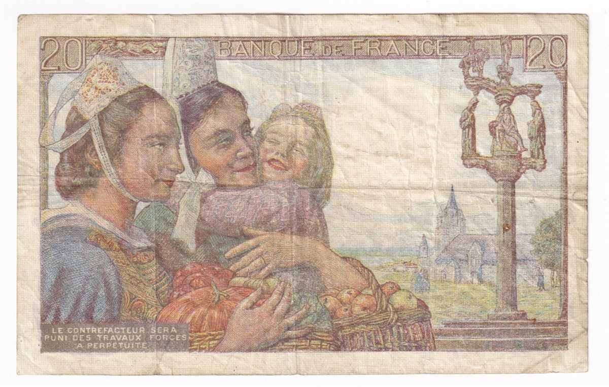 France Note, 1942 20 Francs, VF (Holes or damaged)