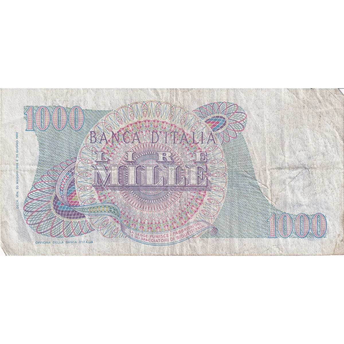 Italy Note 1966 1000 Lire, VF (damaged)