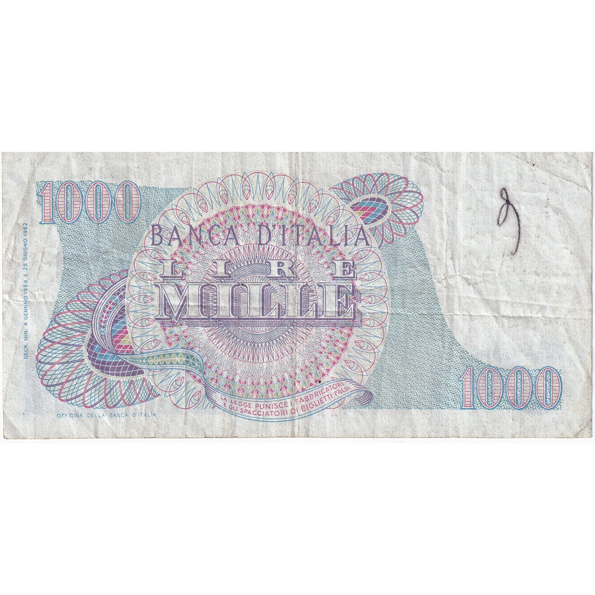 Italy Note 1968 1000 Lire, VF (writing)