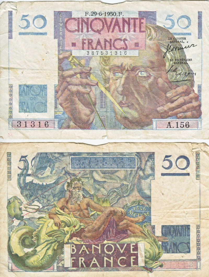 France Note 1950 50 Francs, VF (dam'g)