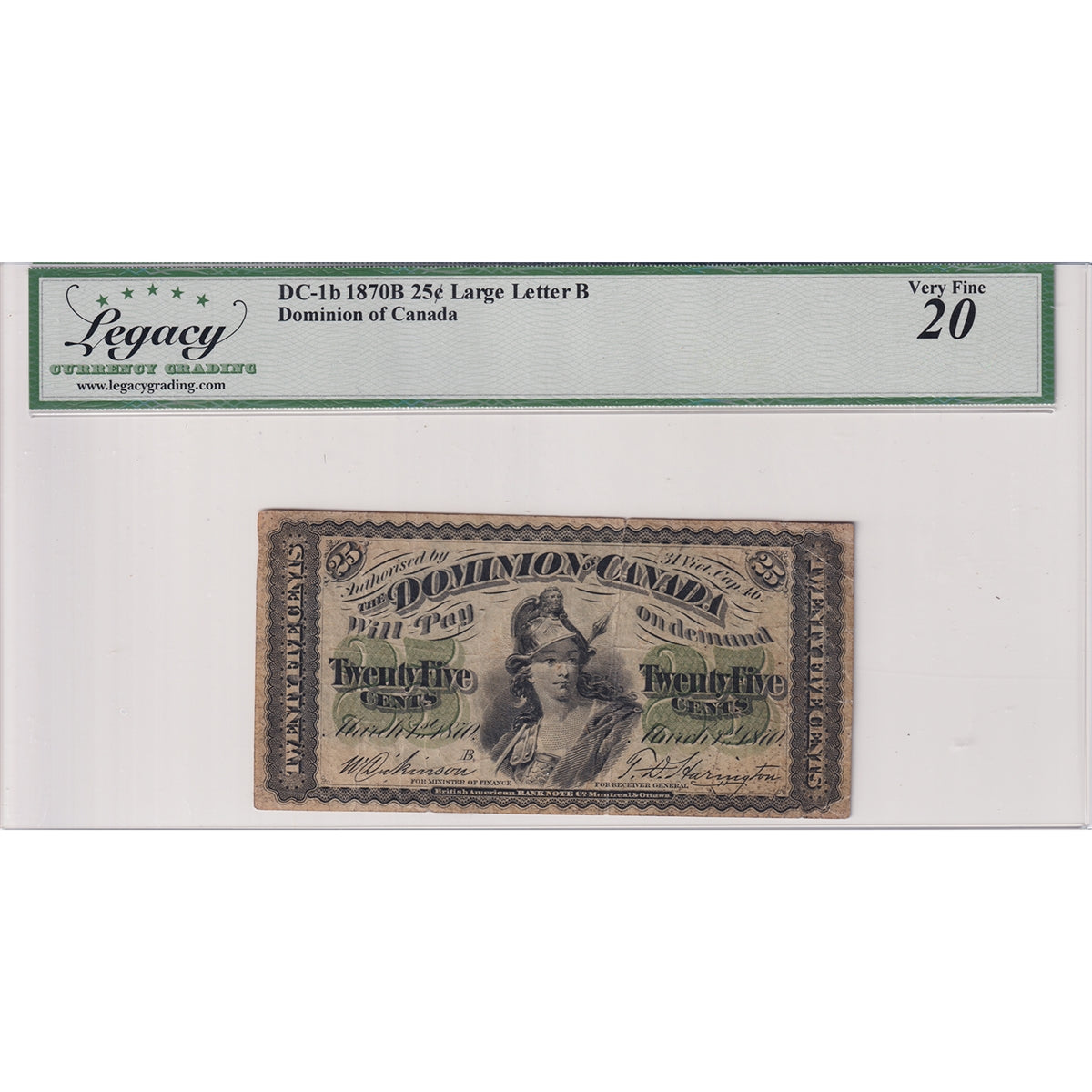 DC-1b 1870 Dominion 25-cent Shinplaster, D-H, Large B, Legacy Cert VF20 (Small Split)