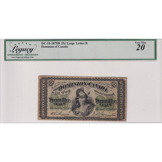DC-1b 1870 Dominion 25-cent Shinplaster, D-H, Large B, Legacy Cert VF20 (Small Split)