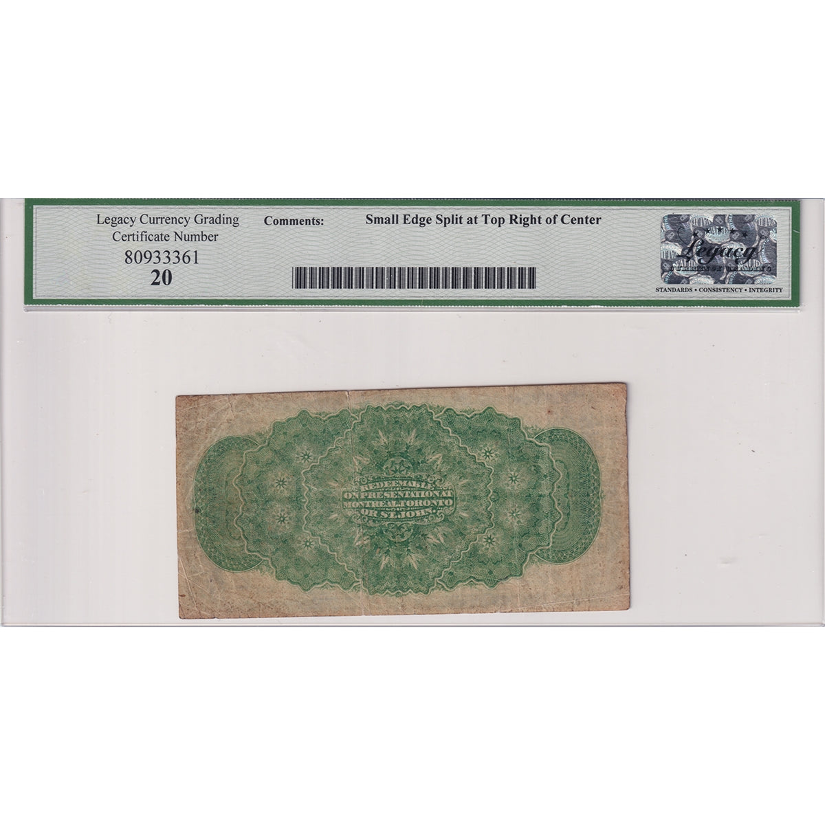 DC-1b 1870 Dominion 25-cent Shinplaster, D-H, Large B, Legacy Cert VF20 (Small Split)