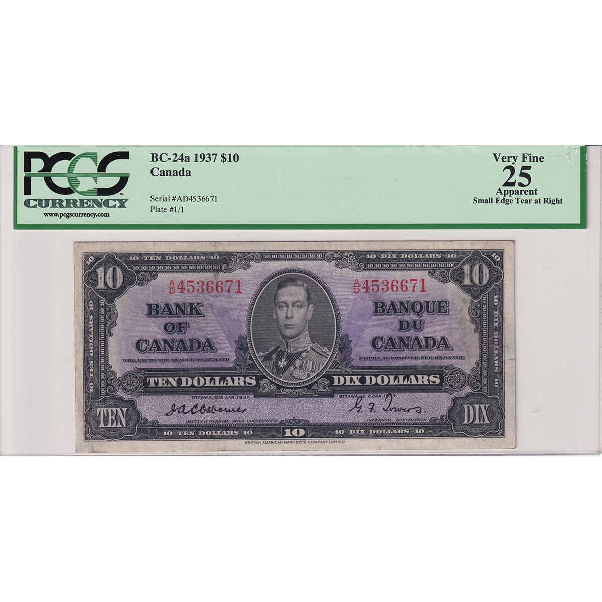 BC-24a 1937 Canada $10 Osborne-Towers, A/D, PCGS Certified VF25 Apparent (Small Tear)