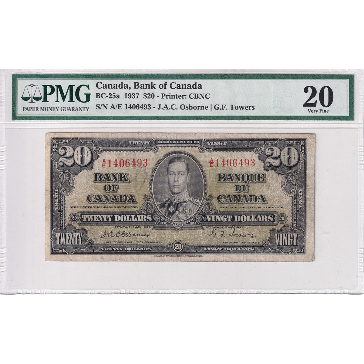 BC-25a 1937 Canada $20 Osborne-Towers, A/E, PMG Certified VF20 (Annotation)