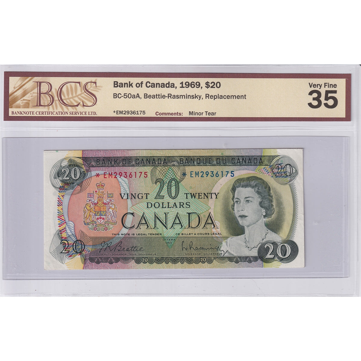 BC-50aA 1969 Canada $20 Beattie-Rasm., Replacement, *EM, BCS Cert. VF35 (Minor Tear)