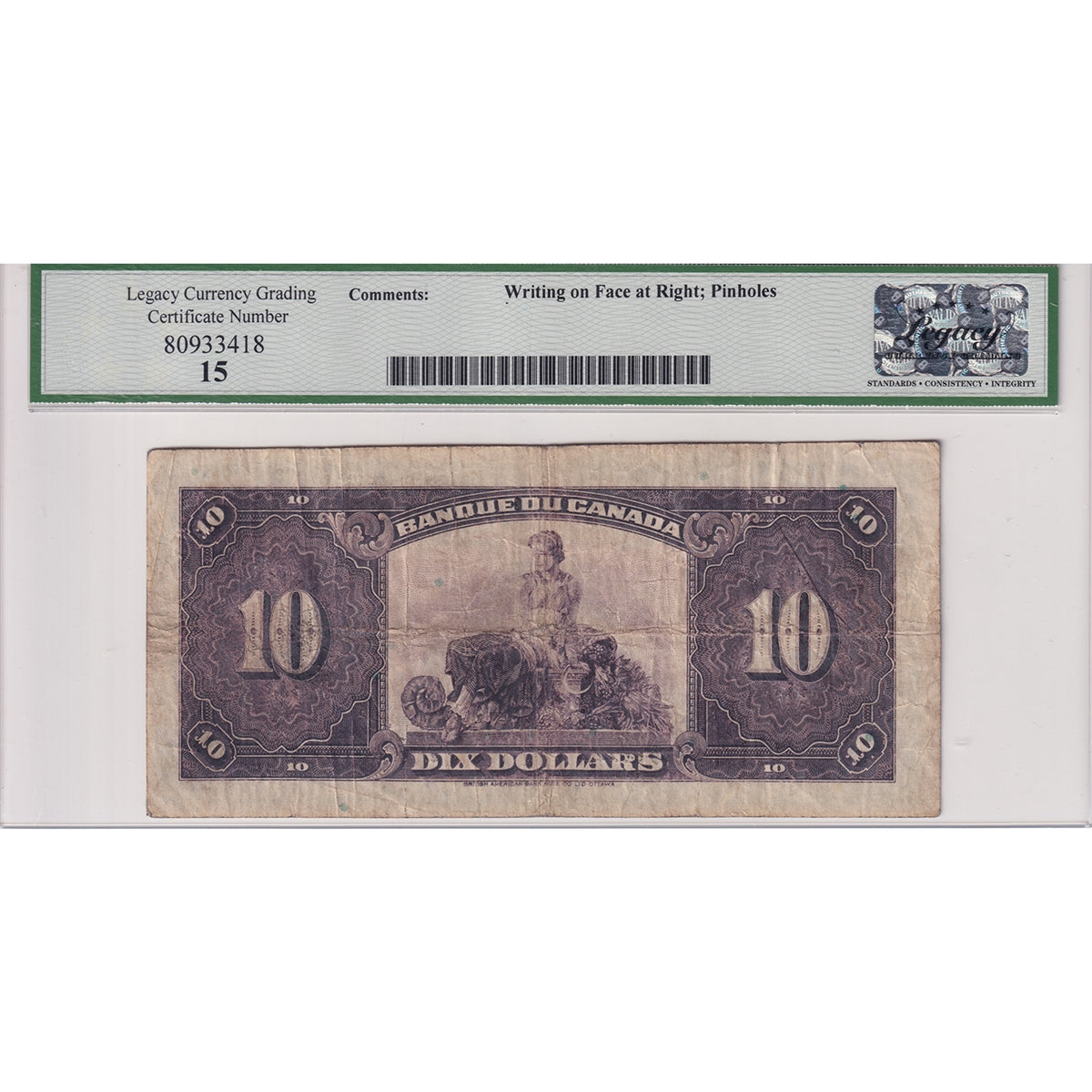 BC-8 1935 Canada $10 Osborne-Towers, French, Legacy Certified F15 (Writing, Pinholes)