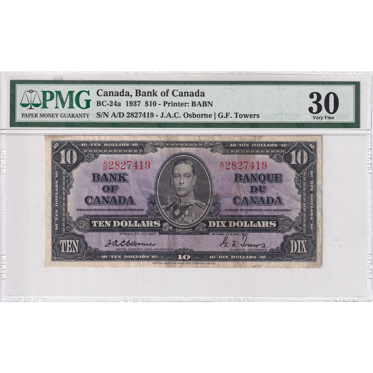 BC-24a 1937 Canada $10 Osborne-Towers, A/D, PMG Certified VF30