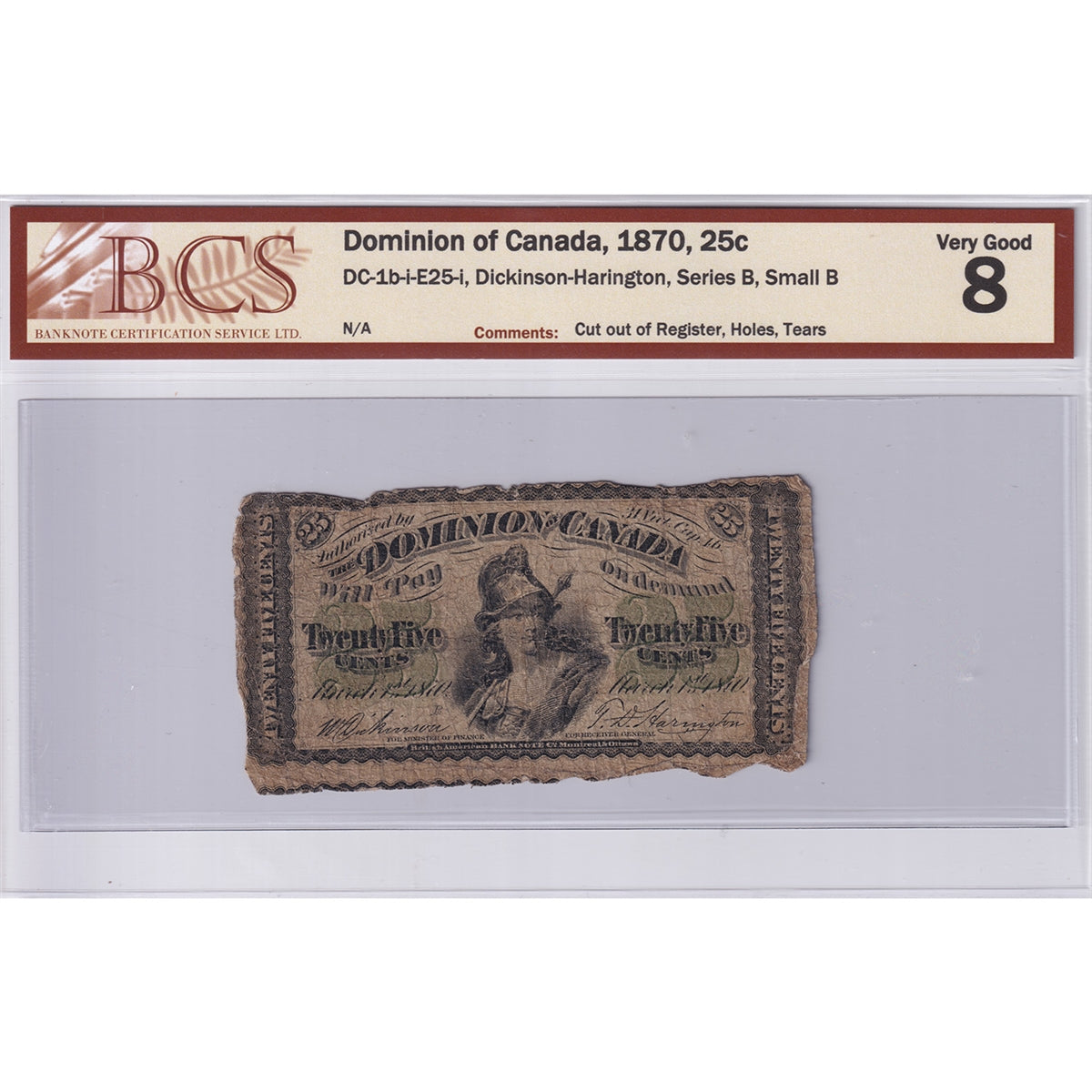 DC-1b-i-E25-i 1870 Dominion 25-cent Shinplaster, BCS VG8 (Out of Register, Issues)
