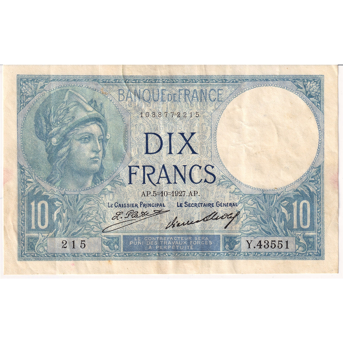 France 1927 10 Francs Note, Pick #73d, VF-EF (Hole)