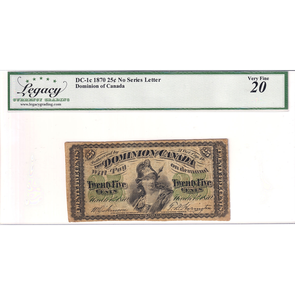 DC-1c 1870 Dominion 25-cent Shinplaster, Plain, Legacy Cert. VF20 (Small Edge Splits)