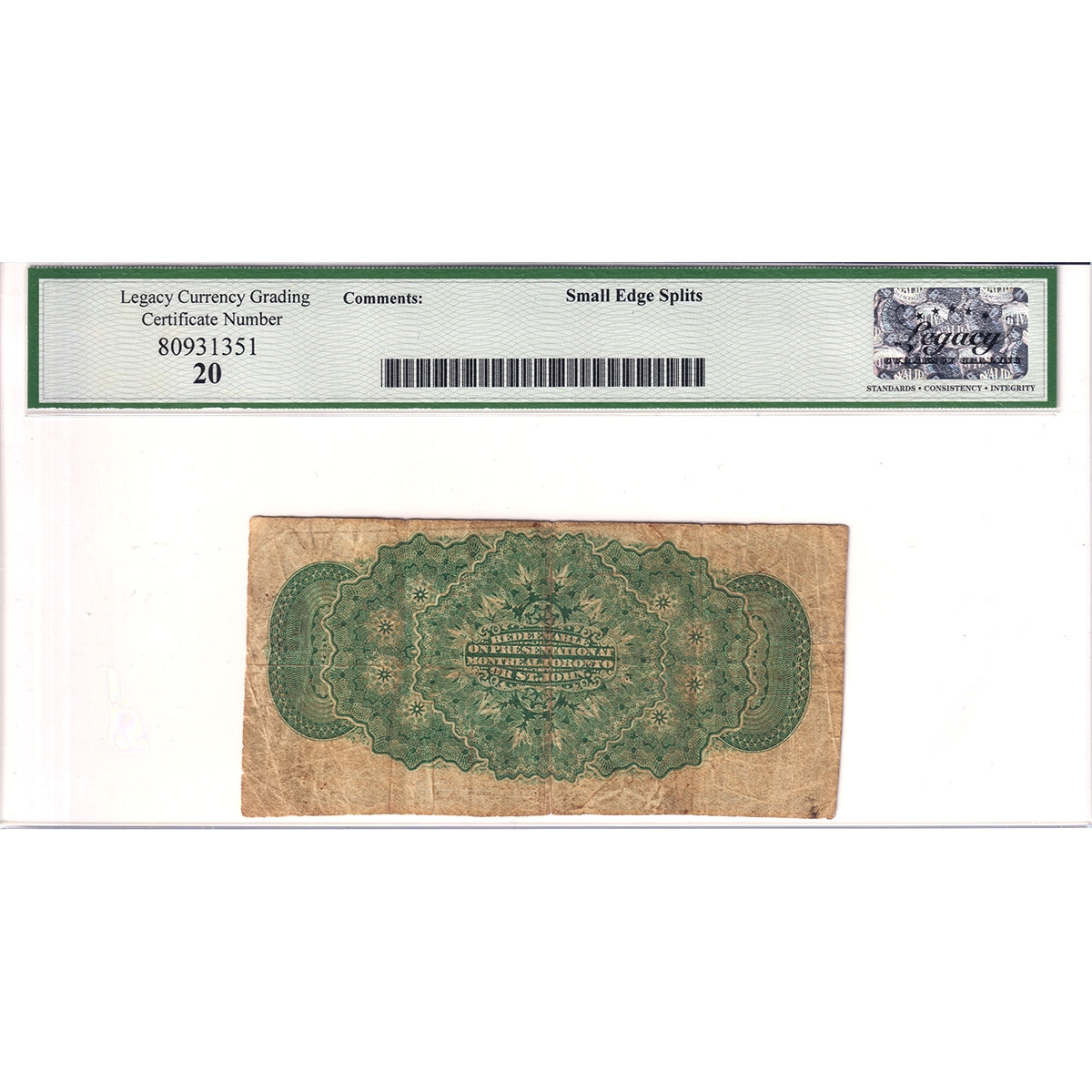 DC-1c 1870 Dominion 25-cent Shinplaster, Plain, Legacy Cert. VF20 (Small Edge Splits)