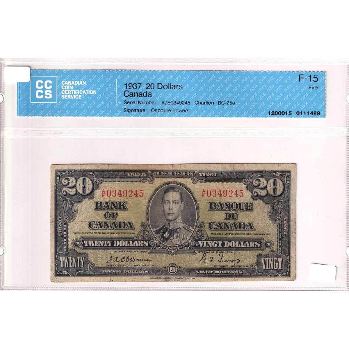 BC-25a 1937 Canada $20 Osborne-Towers, A/E, CCCS Certified F15