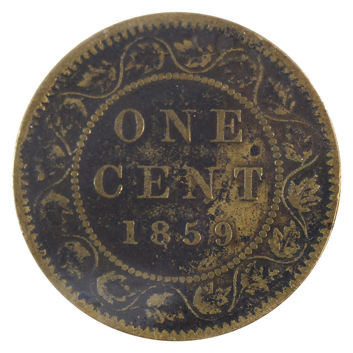 1859 Narrow 9, Brass Canada 1-cent ICCS Certified VG-10 Corrosion