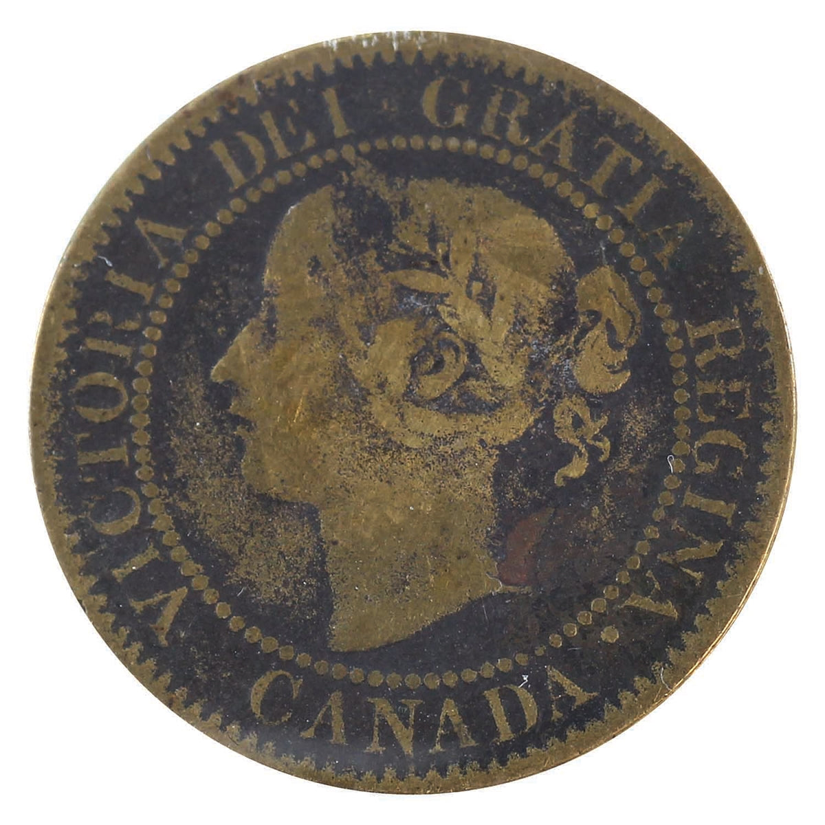 1859 Narrow 9, Brass Canada 1-cent ICCS Certified VG-10 Corrosion