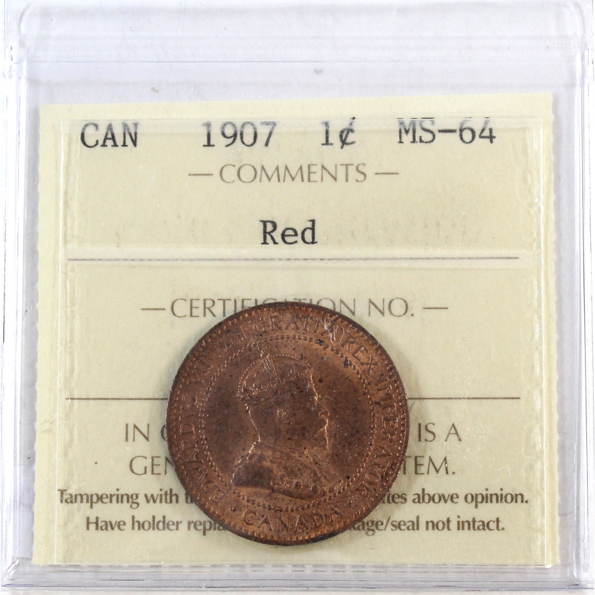 1907 Canada 1-cent ICCS Certified MS-64 Red (XFC 216)