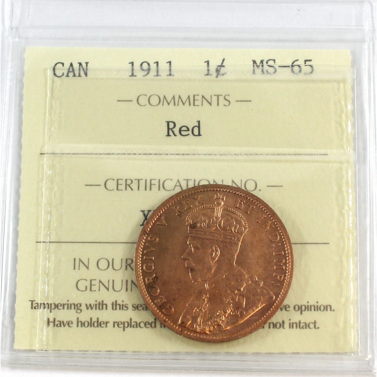 1911 Canada 1-cent ICCS Certified MS-65 Red (XPZ 914)