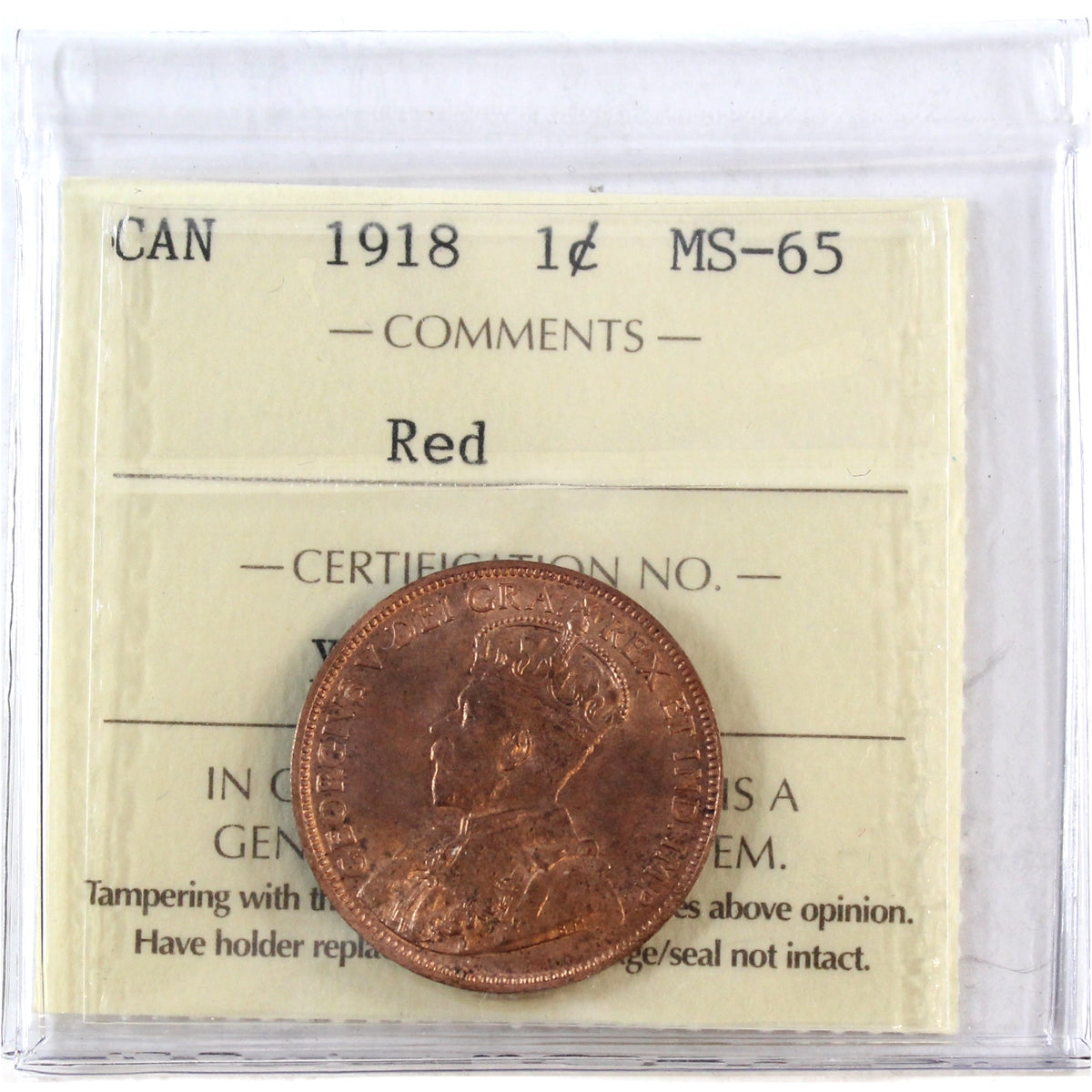 1918 Canada 1-cent ICCS Certified MS-65 Red (XUB 907)