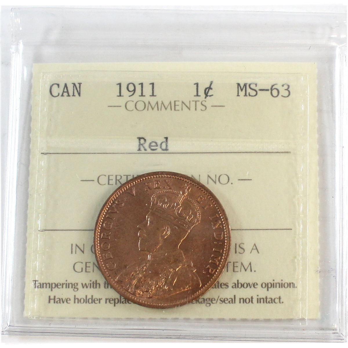 1911 Canada 1-cent ICCS Certified MS-63 Red