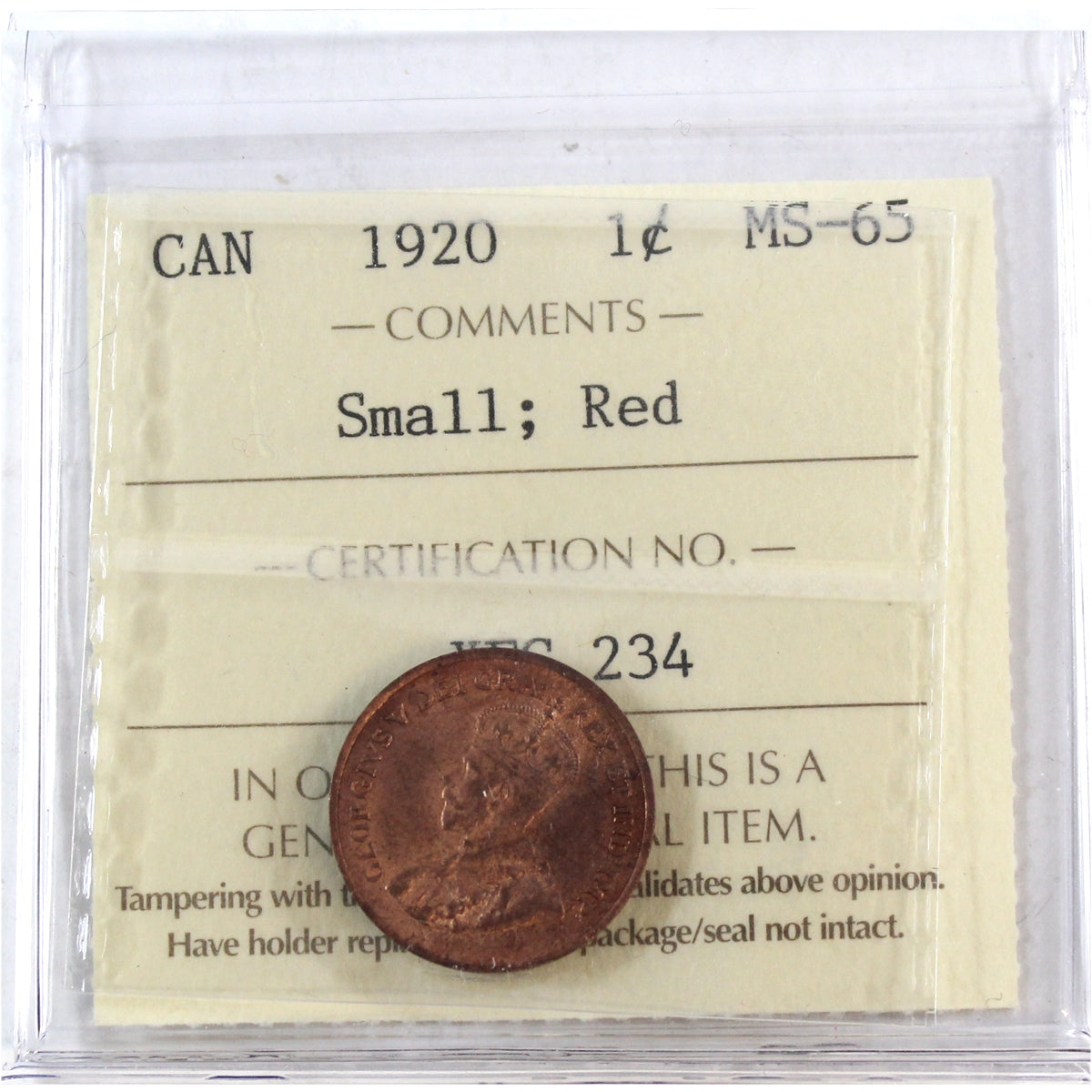 1920 Small Canada 1-cent ICCS Certified MS65 Red (XFC 234)