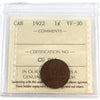 1922 Canada 1-cent ICCS Certified VF30