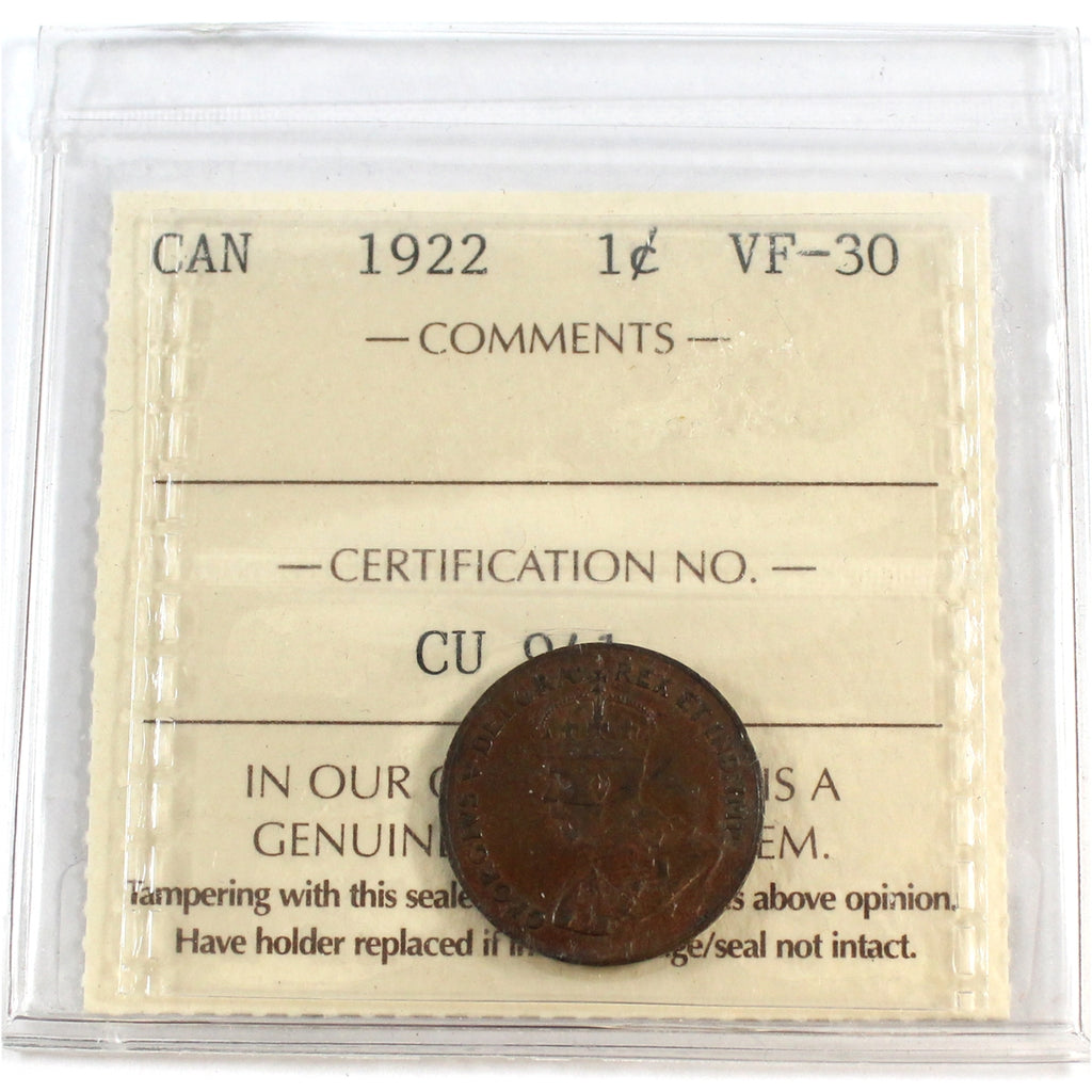 1922 Canada 1-cent ICCS Certified VF30
