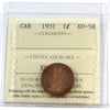 1931 Canada 1-cent ICCS Certified AU-58 (XUB 911)