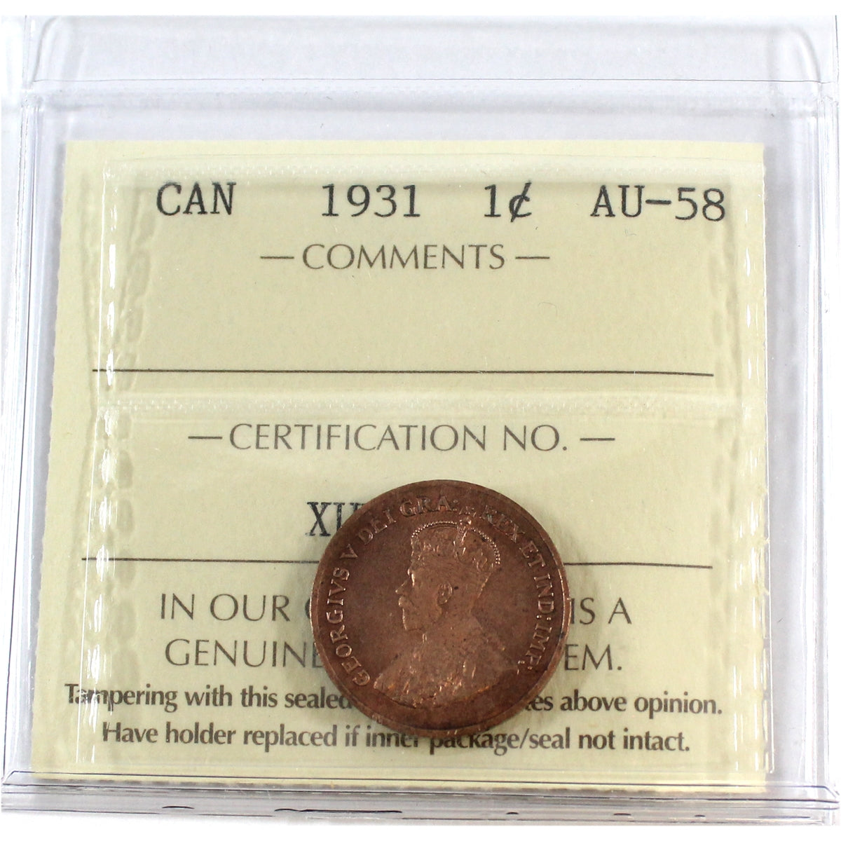 1931 Canada 1-cent ICCS Certified AU-58 (XUB 911)