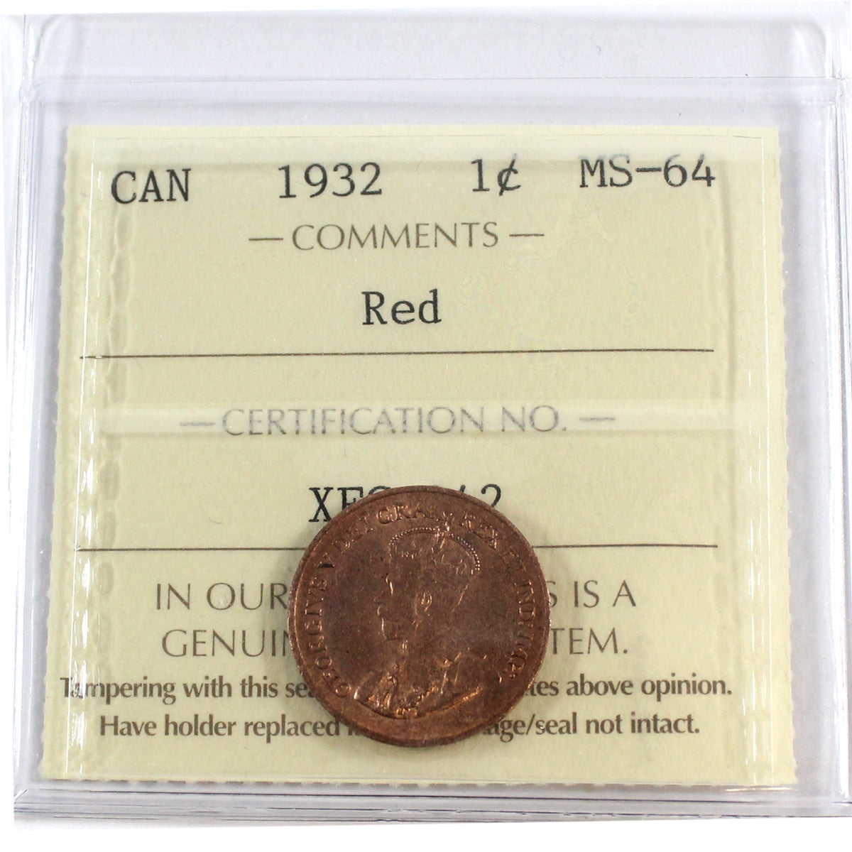 1932 Canada 1-cent ICCS Certified MS-64 Red (XFC 242)