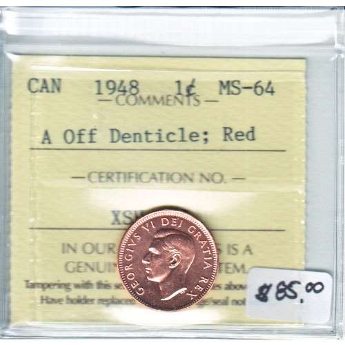 1948 A Off Denticle Canada 1-cent ICCS Certified Red MS-64