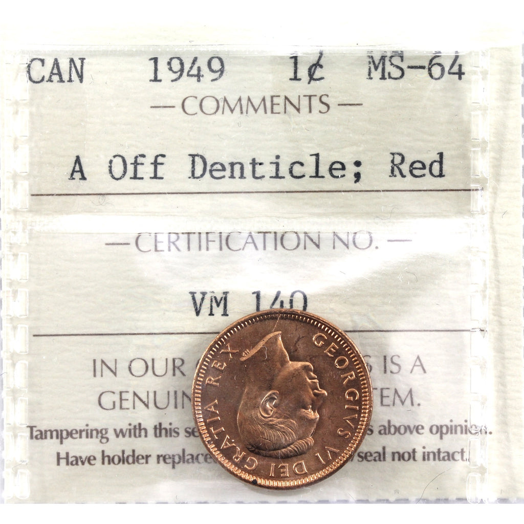 1949 A Off Denticle Canada 1-cent ICCS Certified MS-64 Red