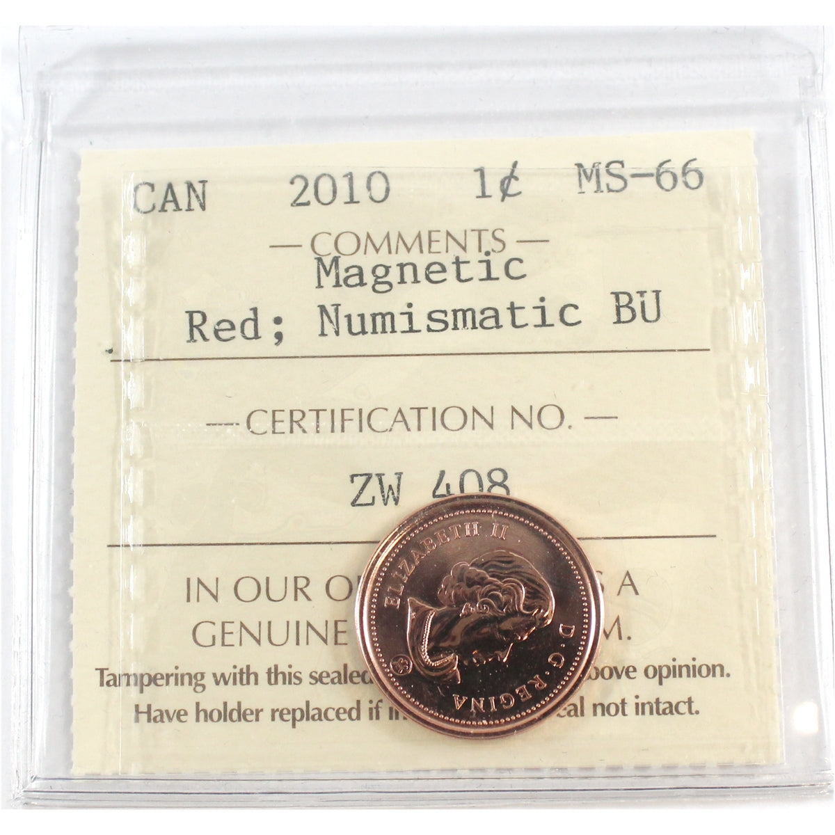 2010 Canada 1-cent ICCS Certified MS-66 Red; Numismatic BU