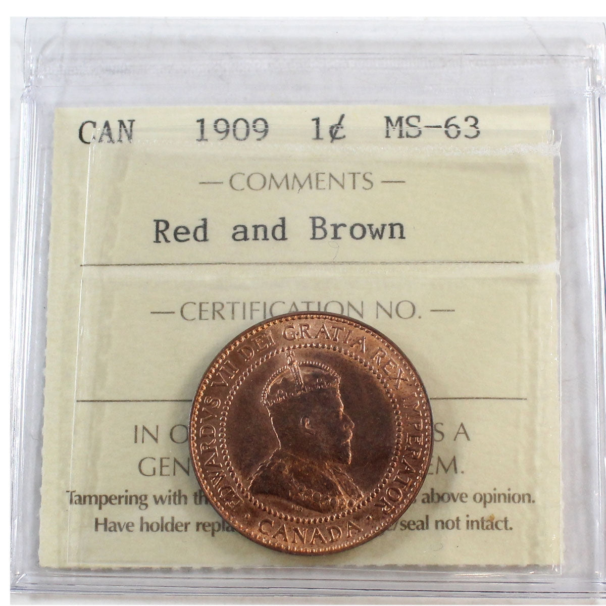 1909 Canada 1-cent ICCS Certified MS-63 Red & Brown