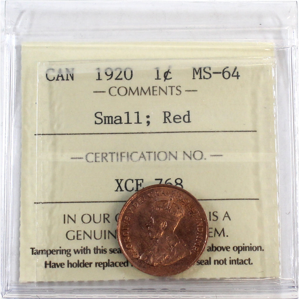 1920 Small Canada 1-cent ICCS Certified MS64 Red