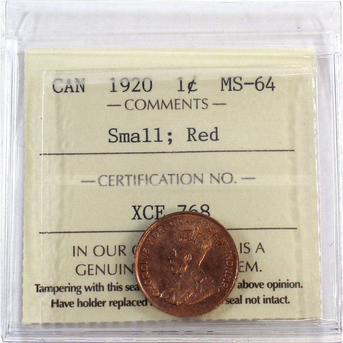1920 Small Canada 1-cent ICCS Certified MS64 Red