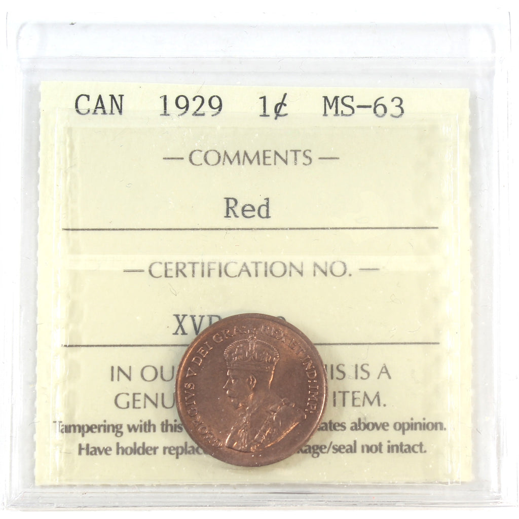 1929 Canada 1-cent ICCS Certified MS-63 Red