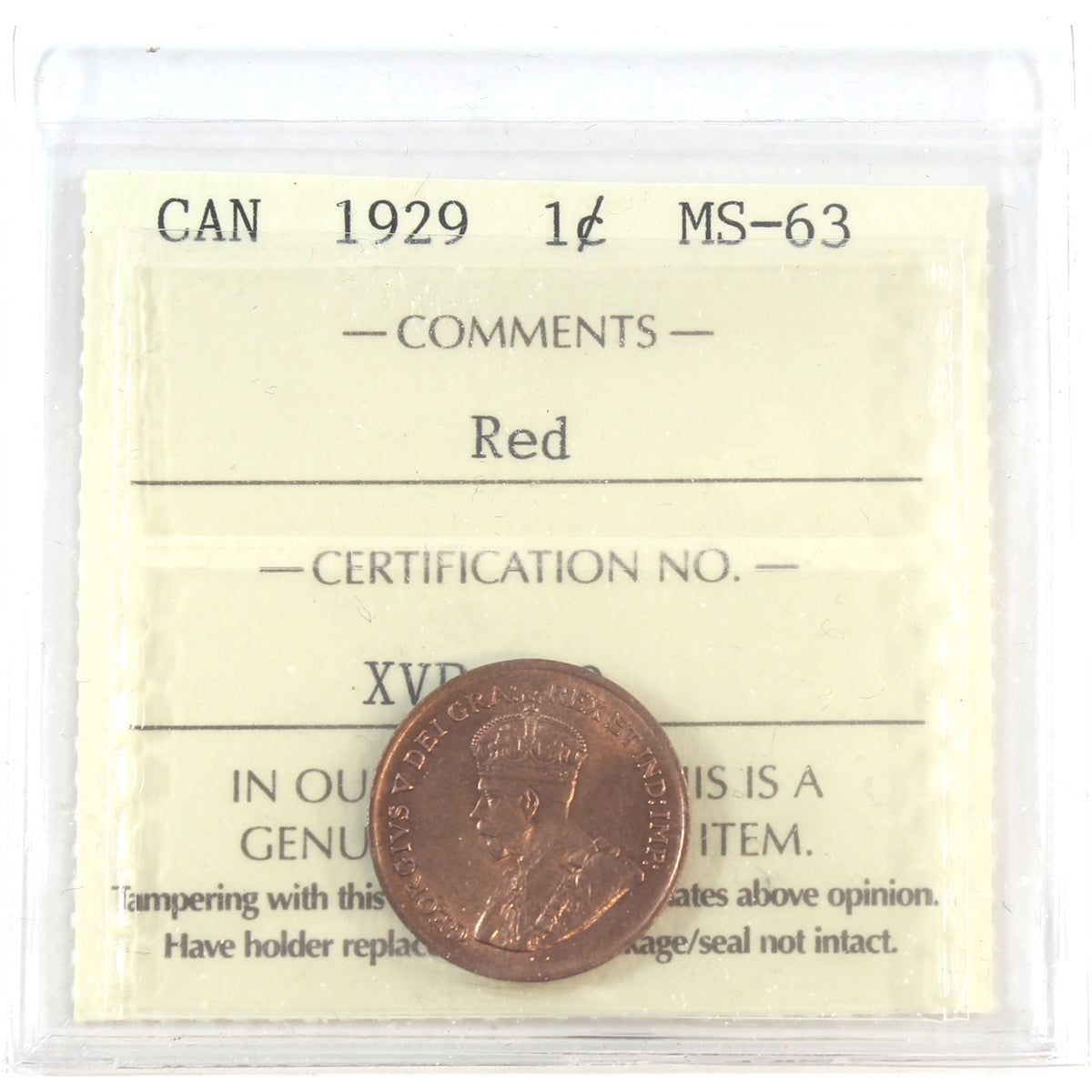 1929 Canada 1-cent ICCS Certified MS-63 Red