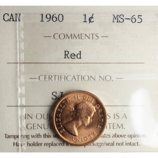 1960 Canada 1-cent ICCS Certified MS65 Red