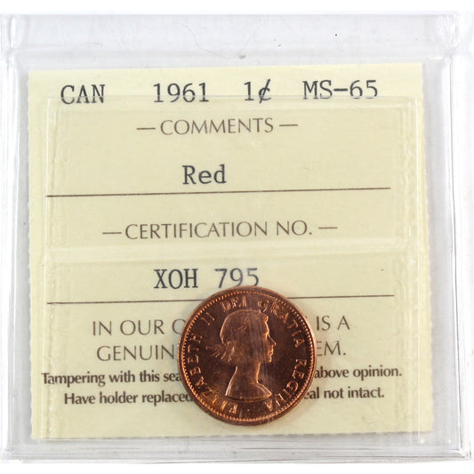 1961 Canada 1-cent ICCS Certified MS65 Red