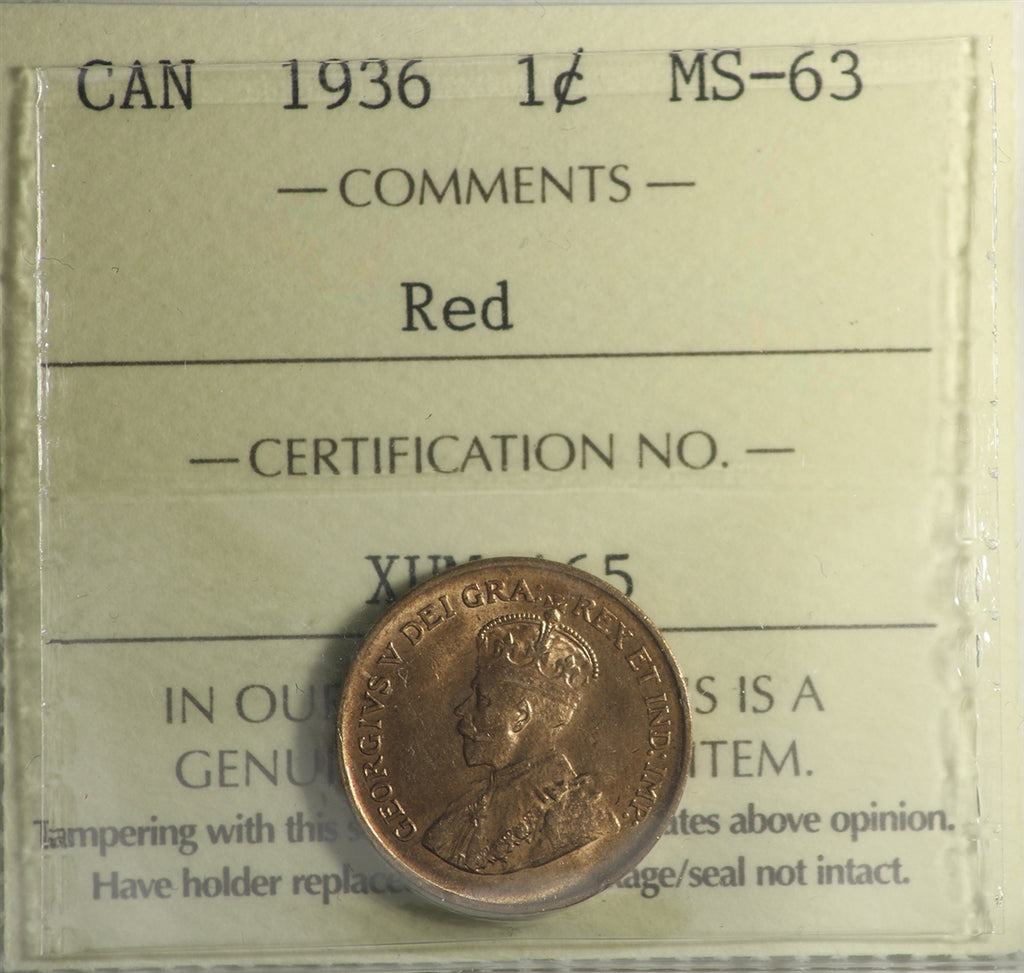 1936 Canada 1-cent ICCS Certified MS63 Red