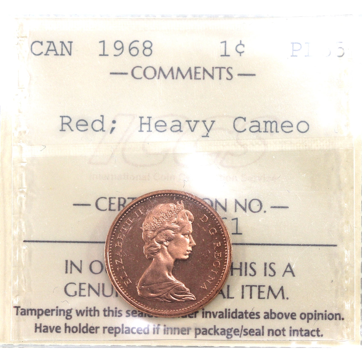 1968 Canada 1-cent ICCS Certified PL65 Red, Heavy Cameo