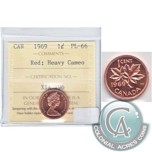 1969 Canada 1-cent ICCS Certified PL66 Red; Heavy Cameo