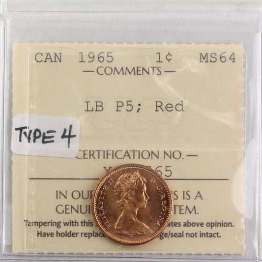 1965 LgBds Ptd 5 (Type 4) Canada 1-cent ICCS Certified MS64 Red