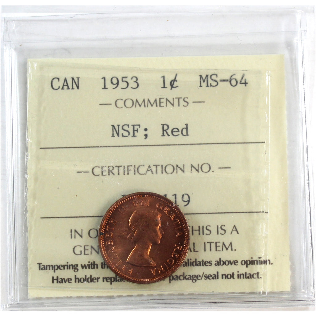 1953 NSF Canada 1-cent ICCS Certified MS64 Red